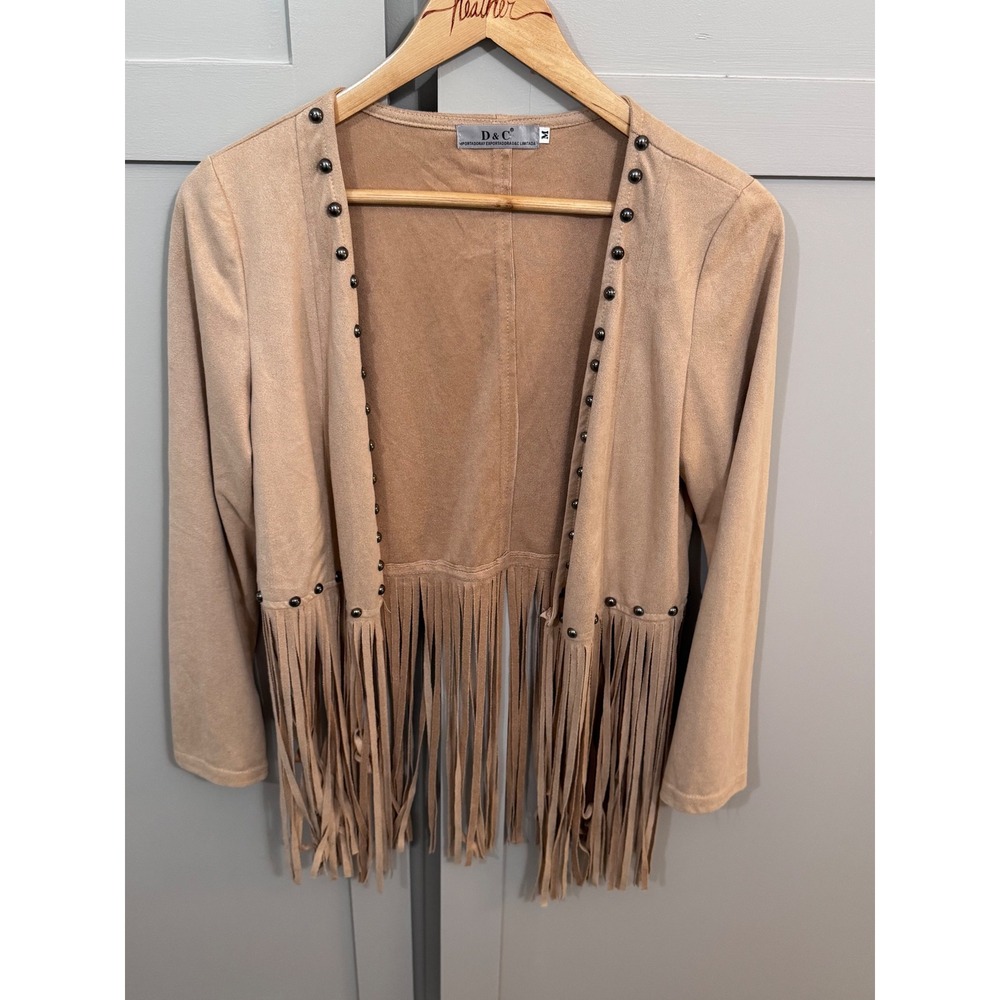 D&C Tan Faux Suede Fringe Studded Open Front Western Boho Jacket Womens Medium